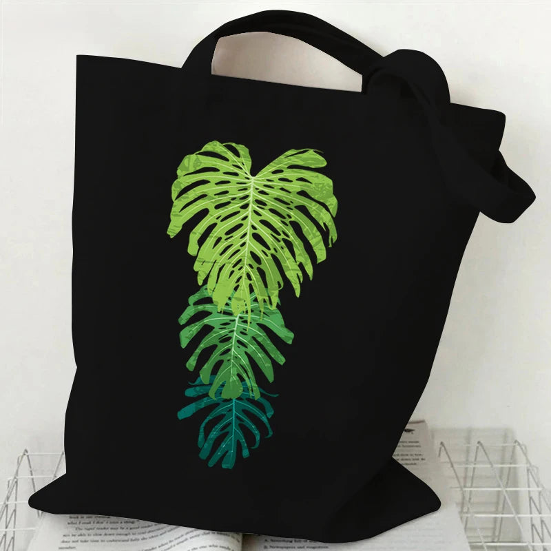 Monstera Plant Print Canvas Shopping Bag | Unisex Casual Large Capacity Shoulder Bag | Eco-friendly Reusable Grocery Shopper Tote