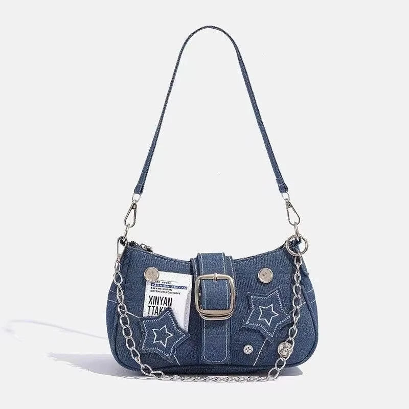 Y2K Fashion Women's Handbags Stars Pattern | Cool Girls Underarm Bag Vintage Canvas Female Small Shoulder Bags Chain Tote Purses Luxegan
