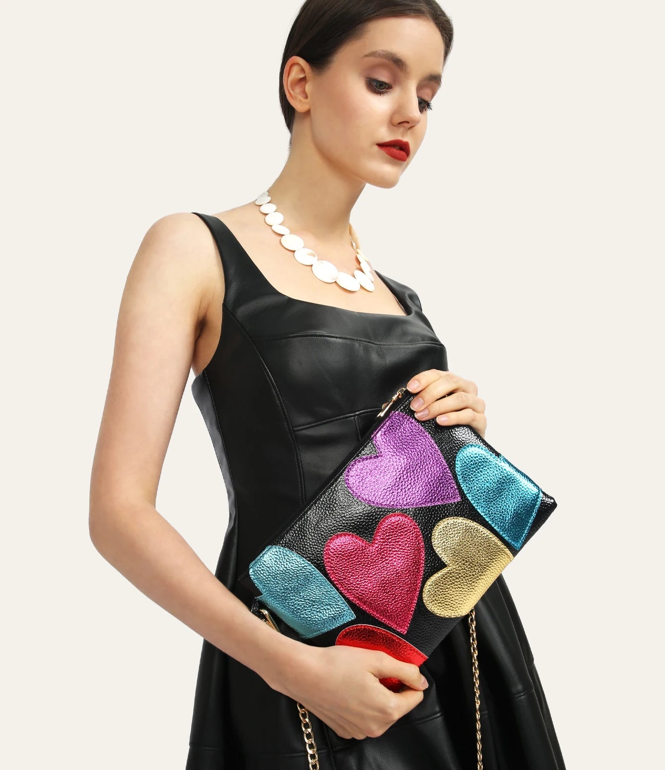 Metallic Hearts Clutch | Luxury Crossbody & Shoulder Bag Luxegan