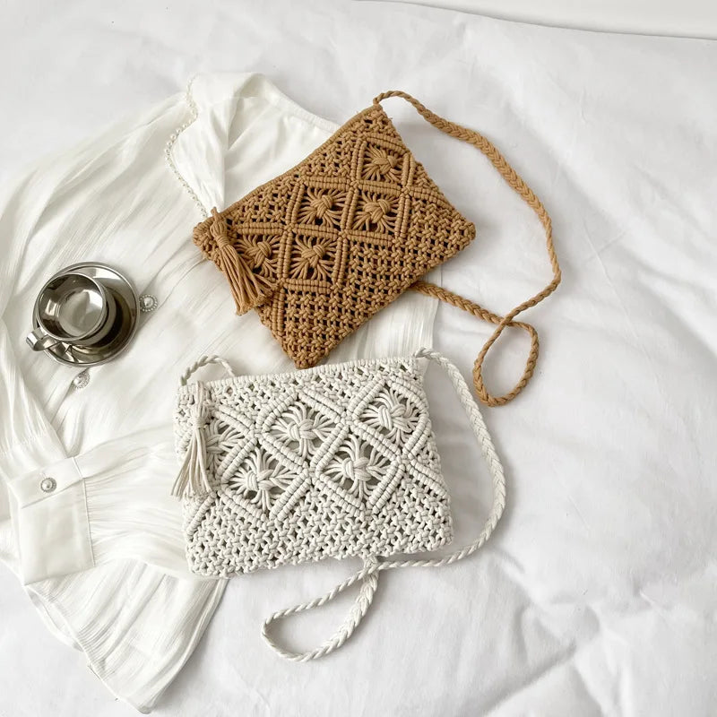Summer Hollow-Knit Straw Bag | Sophisticated Tassel-Decorated Shoulder Messenger | Elegant Beach Travel Crossbody | "Dignified" Soft Cotton-Rope Pouch for Versatile Vacation Styling Luxegan
