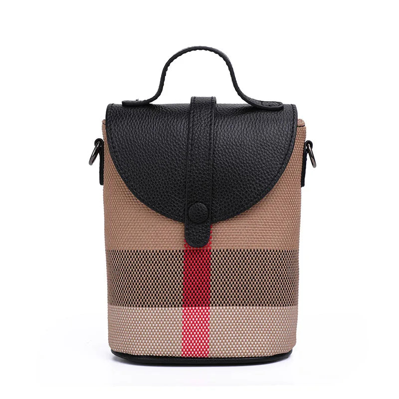 Fashionable Women's Mini Bag | Plaid Canvas & Genuine Cowhide Patchwork Handbag | Elegant Single Shoulder Crossbody & Portable Small Bag Luxegan