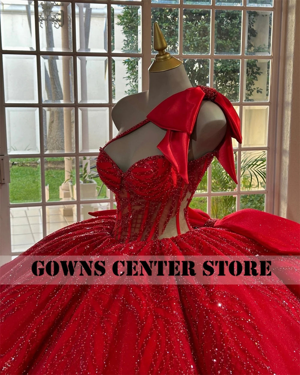Red Puff Ruched Train Ball Gown Quinceanera Dress With Bow One Shoulder Beaded Appliques Sweet 15 Vestidos De 15 Años Customized