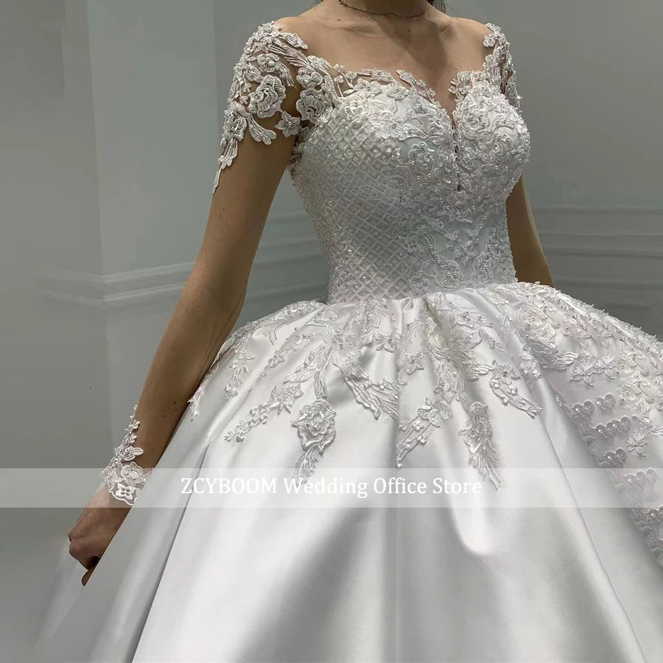 Customized Satin Ball Gown Long Sleeves Wedding Dress 2026 Princess Lace Appliques Pearl Beaded Bride Gown Vestido De Novia