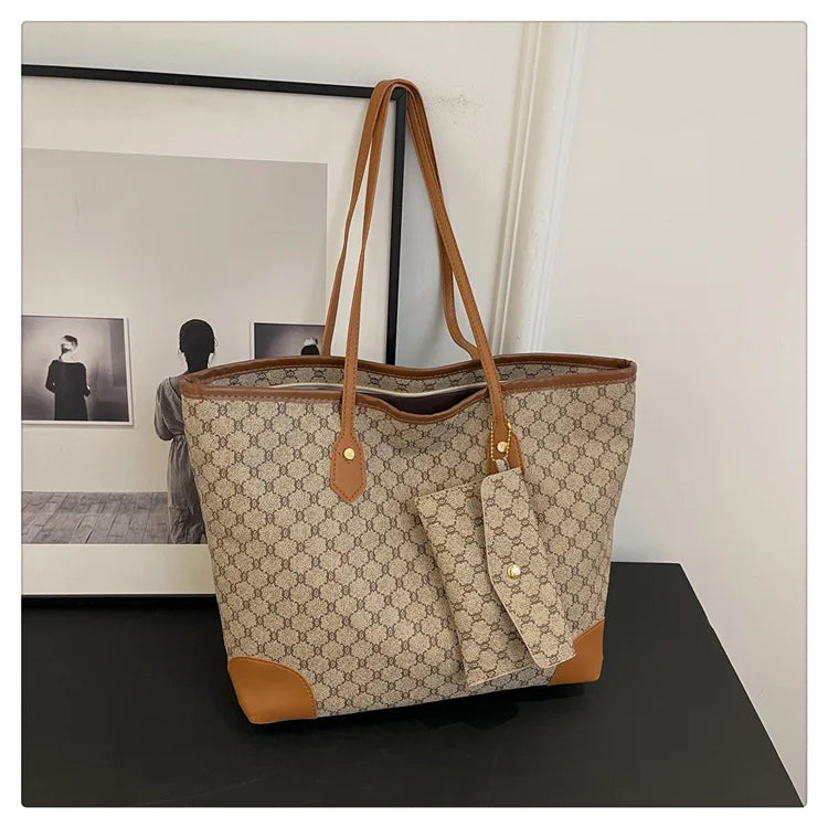 Retro European & American Large-Capacity Tote | Classic Letter Print PU Leather Shoulder Bag - view 8