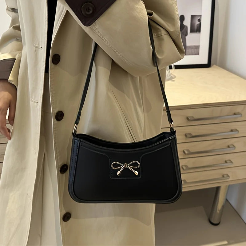 Elegant Solid Color Bowknot Shoulder Bag | Sophisticated Small Square Handbag for Women | Fashion-Forward Sequined Underarm Bag | Trendy PU Leather Casual Tote with Versatile Single Strap Luxegan