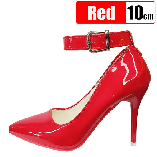10cm/12cm Metal Belt Buckle Stiletto Pumps | Sophisticated Red & Black Rivet Stiletto | Elegant "Handmade Patent Leather" Silhouette | "Dignified" Pointed Toe Goblet Heels for Radiant Versatile Styling Luxegan