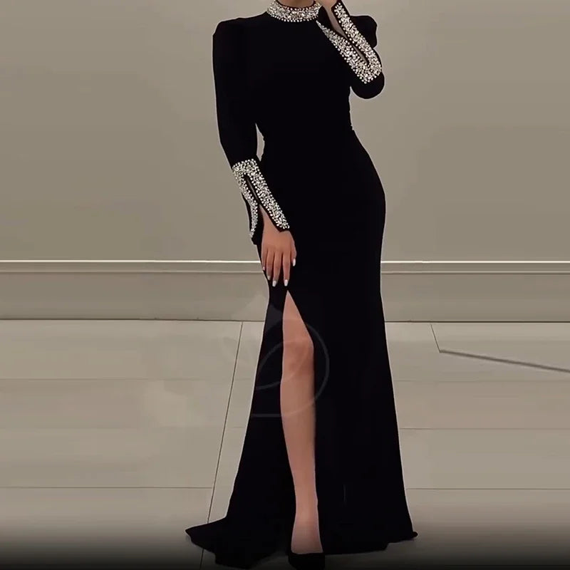Elegant Solid High Slit Party Dress Temperament Long Sleeve Slim Evening Gala Dress Turtleneck Rhinestone Banquet Dress Women
