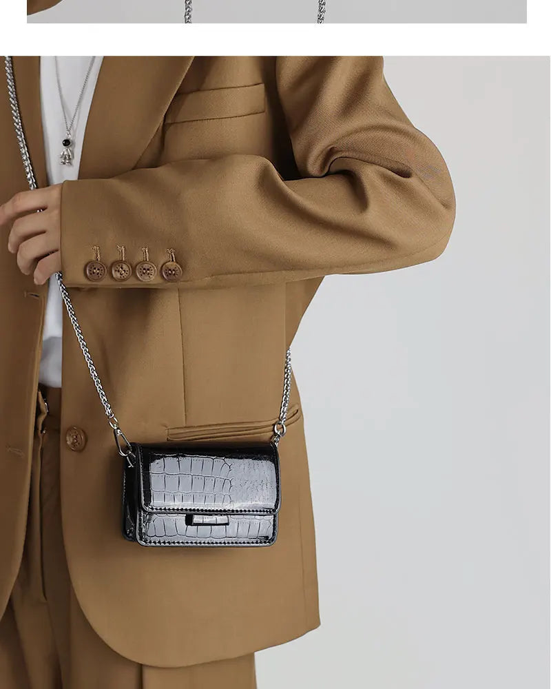 Summer Patent Leather Chain Mini Handbag | Women's Silver PU Crossbody Bag | HARD Fashion Square Buckle Lipstick Purse Luxegan