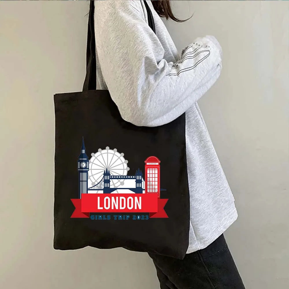 London Big Ben England Map Flag Canvas Tote Bag | UK City Landscape Skyline Shoulder Shopping Handbag (Women's Tourist Gift) Luxegan