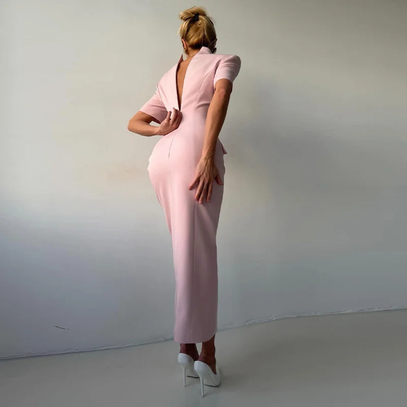 Elegant Solid Buttons Long Dress Women Waist Cinched Shoulder Pads High Collar Slit Dresses 2026 Spring Summer Lady Party Robes