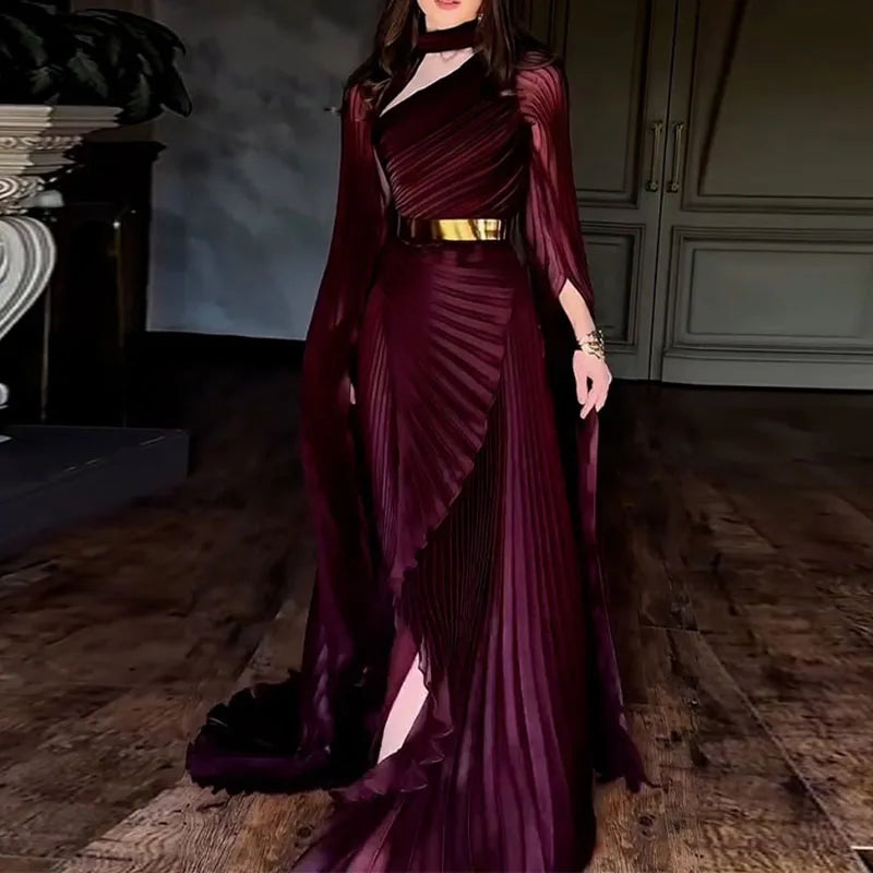 Women's Turtleneck Flare Sleeve Hollow-Out Maxi Dress Luxegan