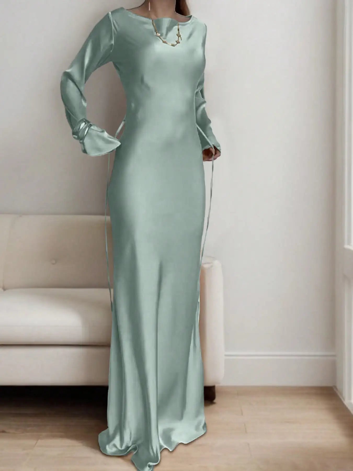 Bespoke Satin Corset Maxi Dress | Dramatic Flared Sleeve Luxury Evening Gown | Solid Round-Neck Slim Fit Mermaid Dress Luxegan