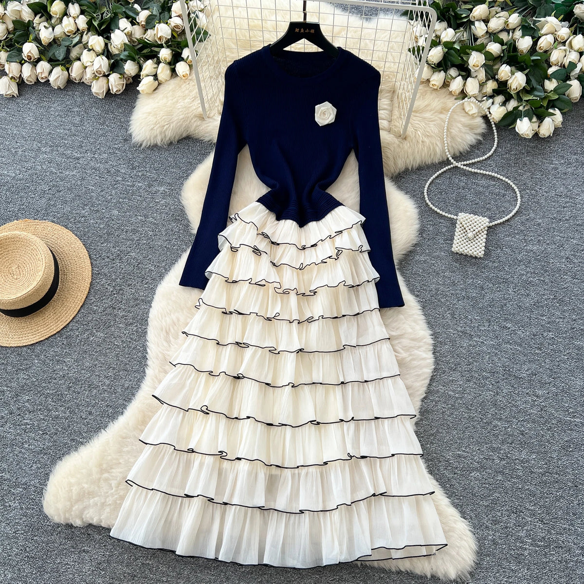 Floral O-Neck Full-Length Sleeve Tiered Slim Fit A-Line Ankle-Length Dress – Knitted Polyester, Natural Waist, Autumn/Winter Luxegan