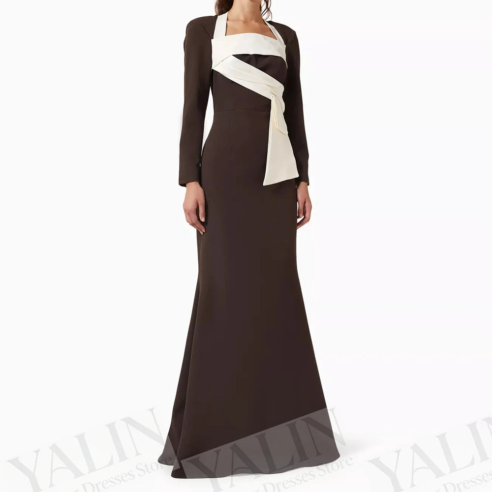 Pleat Draped A-Line Evening Gown | Square Collar Full Sleeve Floor-Length Prom Dress Luxegan