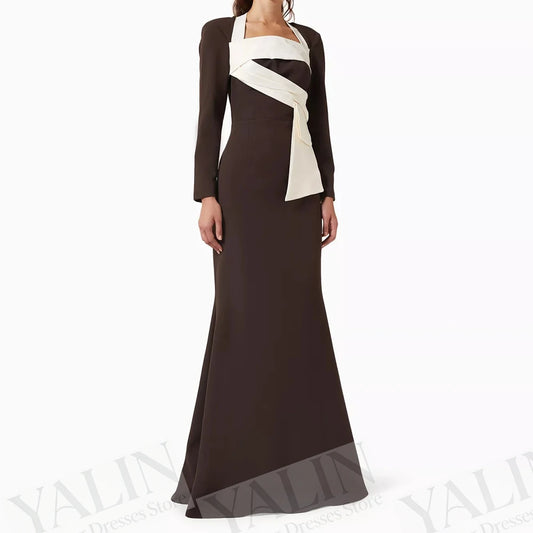 Pleat Draped A-Line Evening Gown | Square Collar Full Sleeve Floor-Length Prom Dress Luxegan