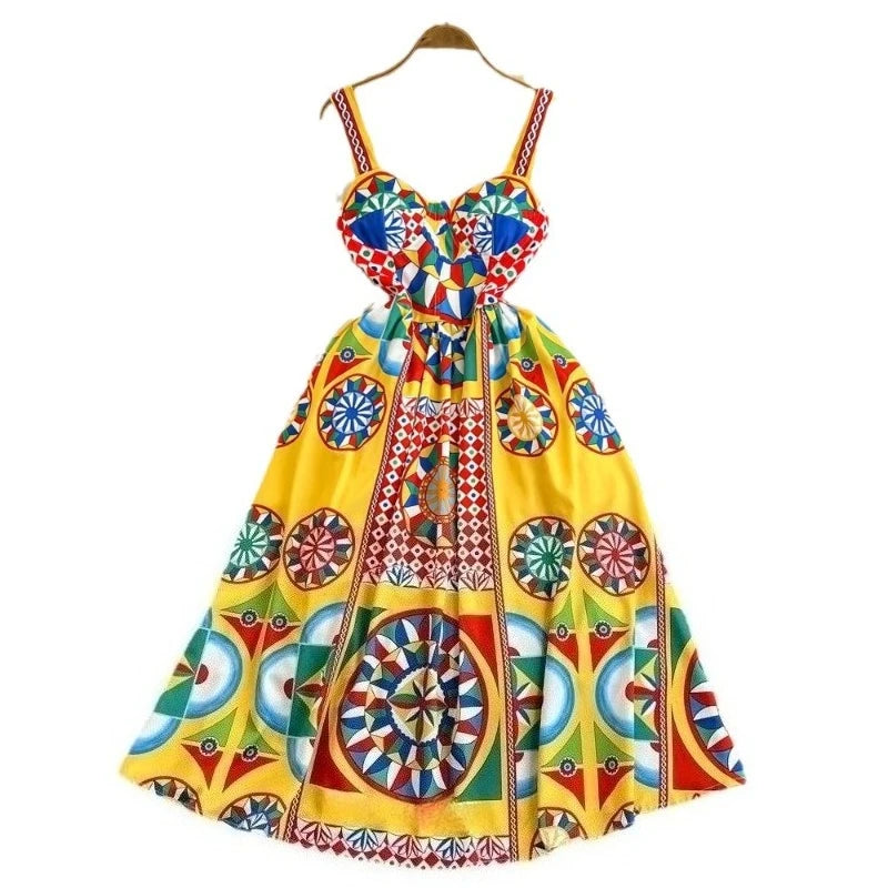 Printed V-Neck Sleeveless A-Line Midi Dress – Regular Fit, Summer Luxegan