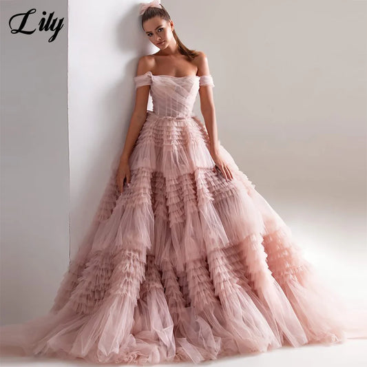 Vestido formal de red rosa de Lily, vestido de fiesta sin tirantes con capas escalonadas para bodas, vestidos de ocasiones especiales sin hombros, robe soirée