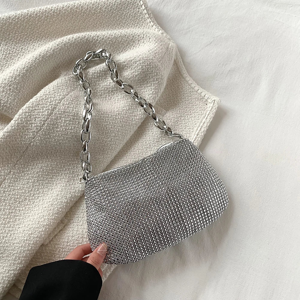 Bling Rhinestone Evening Clutch Bag | Women's Korean Designer Diamond Chain Dinner Party Handbag (Lady Square Tote Shoulder Bag) Luxegan