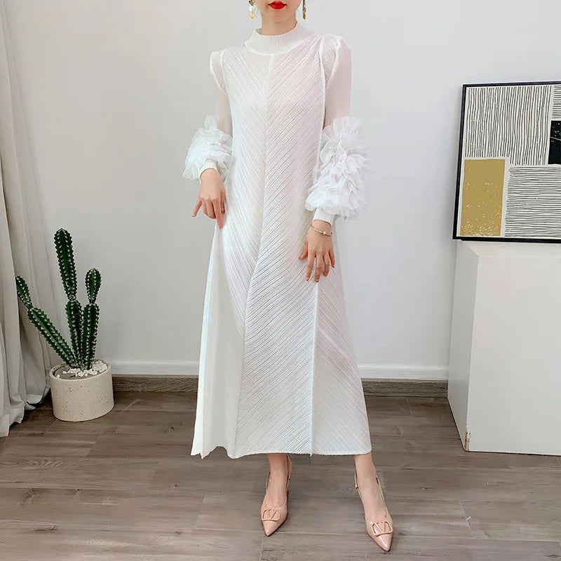 Solid Round Neck Long Sleeve Knotted Flower Trim Loose Fit Mid-Calf Dress – Natural Waist, Summer Luxegan