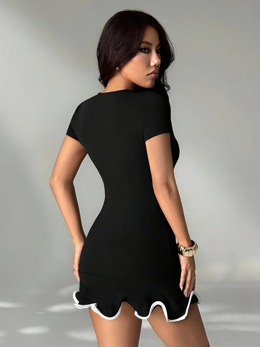 Ruffled Hem Bodycon Mini Dress | O-Neck Short Sleeve Slim Fit Sheath Dress Luxegan