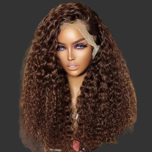 Chocolate Brown Deep Curly HD Lace Wig | Sophisticated 13x6 Transparent Swiss Lace | Elegant "Brazilian Remy" 26+ Inch Silhouette | "Dignified" Deep Wave Human Hair for Radiant Versatile Styling Luxegan