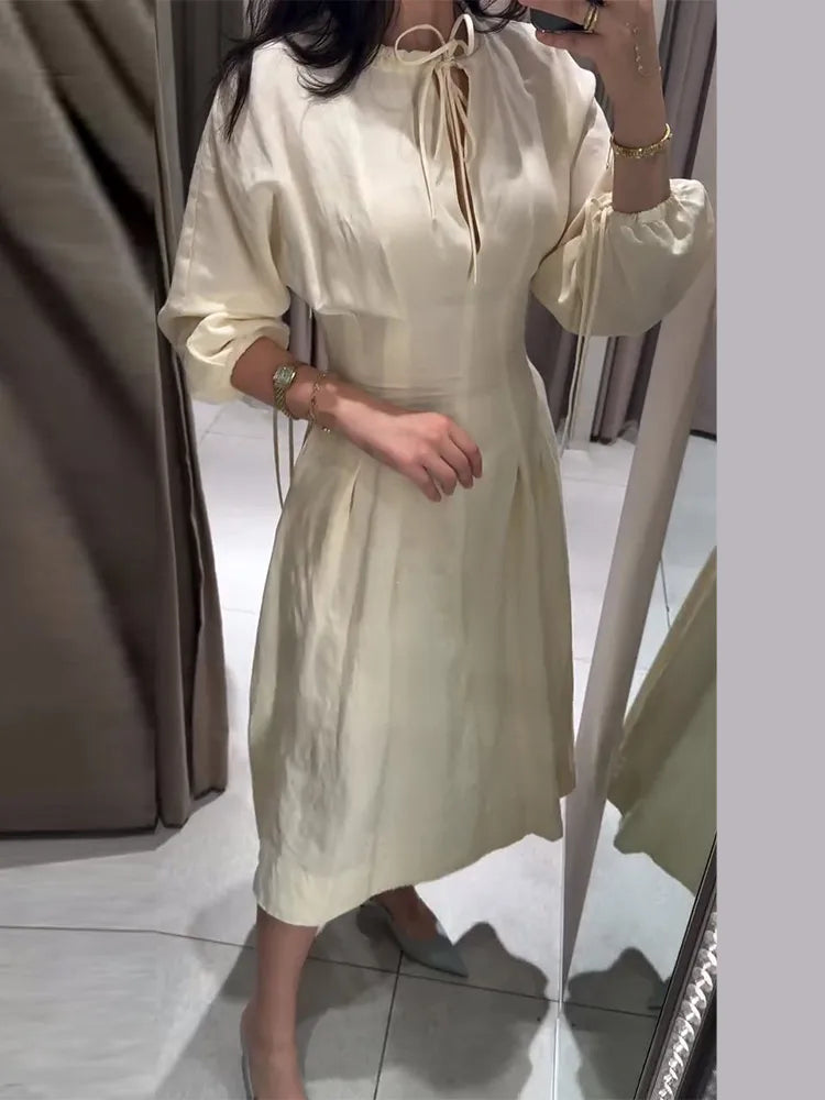 Women's Lace-Up Lantern Sleeve A-Line Midi Dress Luxegan