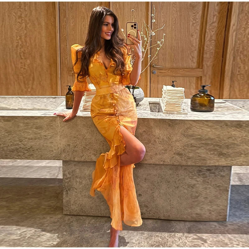 Fashion Women's Printed Ruffled Dress Elegant Short Sleeve Female V Neck Maxi Dresses 2026 Summer Elegant New Lady Vestidos