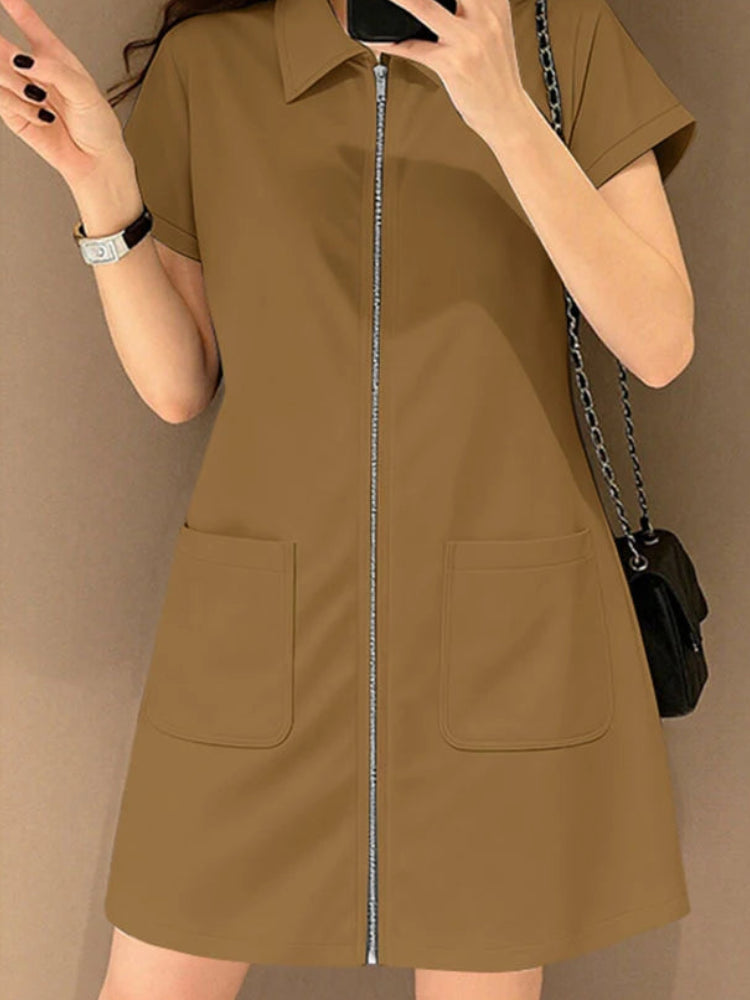 Lapel Collar Shirt Mini Dress | Short Sleeve A-Line Shirtdress with Pockets Luxegan