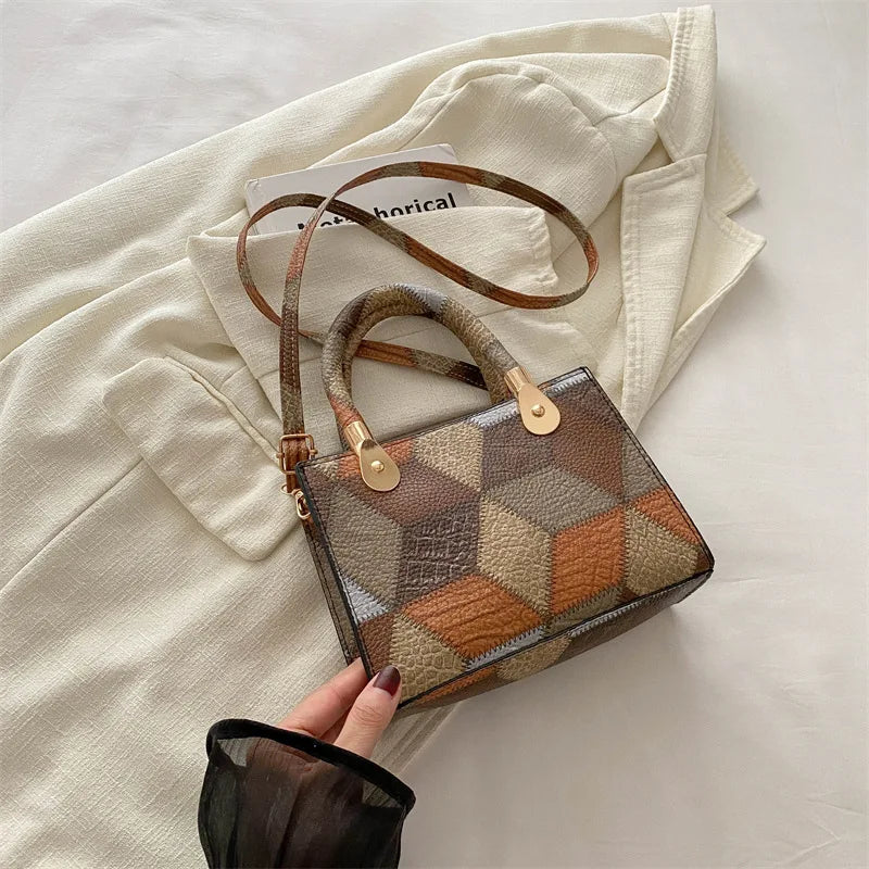 Fashion Patchwork PU Leather Top-Handle Bag | Trendy Square Design Ladies Handbag | Casual Daily Crossbody Shoulder Bag | Designer Applique Satchel for Women (Model E553) Luxegan