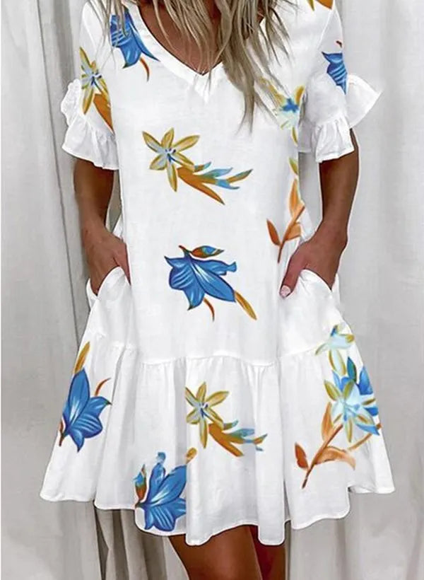 Plaid & Print V-Neck Butterfly Sleeve Regular Fit A-Line Mini Dress – Natural Waist, Spring/Summer Luxegan
