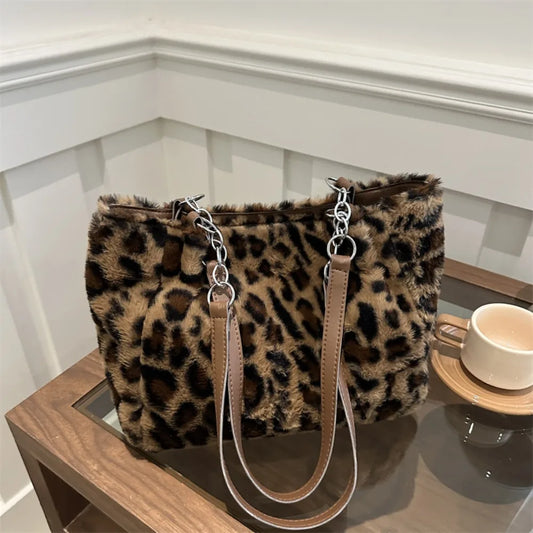 Winter Fashion Leopard Print Plush Women's Bags | Versatile Casual Trendy Premium Texture Large Capacity Shoulder Handbag Luxegan