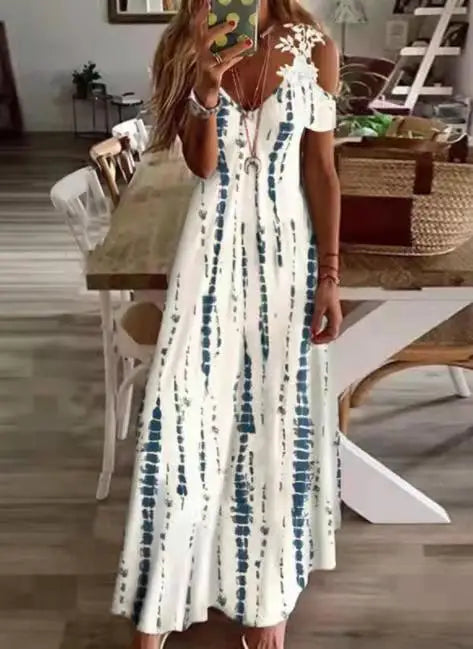Floral V-Neck Spaghetti Strap Lace Detail Regular Fit A-Line Ankle-Length Dress – Brocade, Medium Stretch, Summer Luxegan
