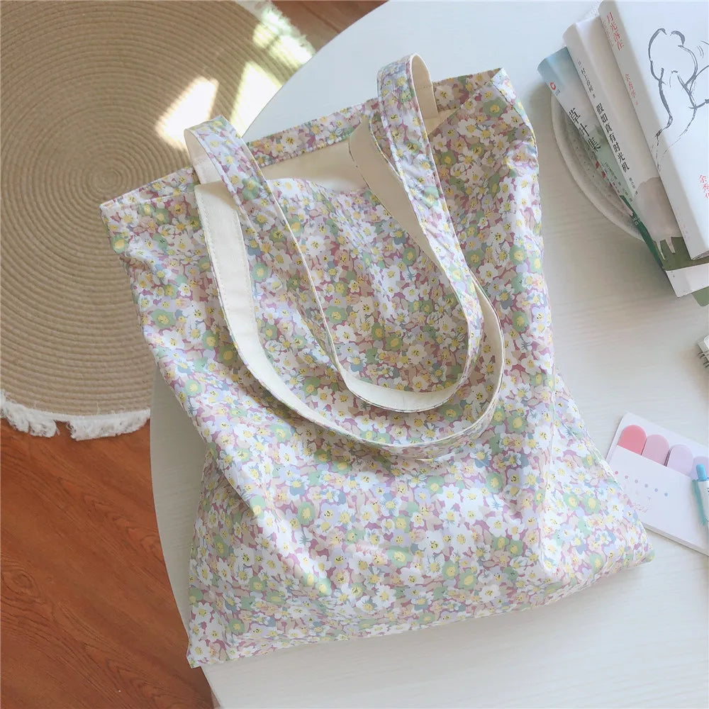 Cotton Floral Women's Bag | Large Canvas Shopping Shoulder Bag for Grocery | Reusable Foldable Female Students Books Tote Handbags Luxegan