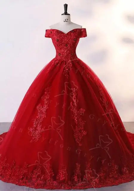 Luxury Floral Tulle Quinceañera Ball Gown | Off-The-Shoulder Sweet 15 Party Dress | Floor-Length Embroidered Lace Princess Dress Luxegan
