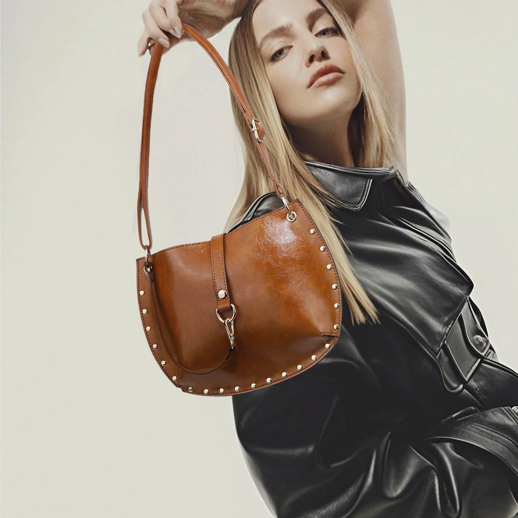 Studded Crescent Saddle Bag | Punk Shoulder & Crossbody Handbag Luxegan