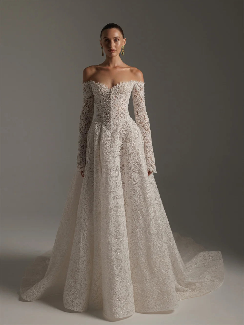 Tokyo Customized White Off the Shoulder Wedding Dresses Long Sleeves Zip Back Bridal Gowns A-Line Court Train Wedding Gowns 2026