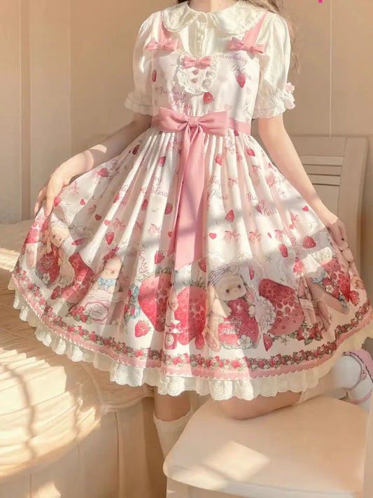Women's Falling Rabbit Berry Lolita Dress | Pink Cute JSK Birthday Cake Dress | Sweet Peter Pan Collar Ruffle Princess Gown | Premium Tatting Slight Stretch A-Line Vestido Luxegan