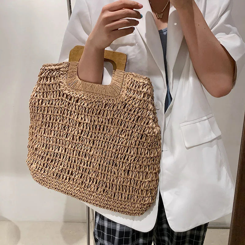 Summer Woven Straw Handbag | Wooden Handle Bag & Large Capacity Beach Tote Luxegan