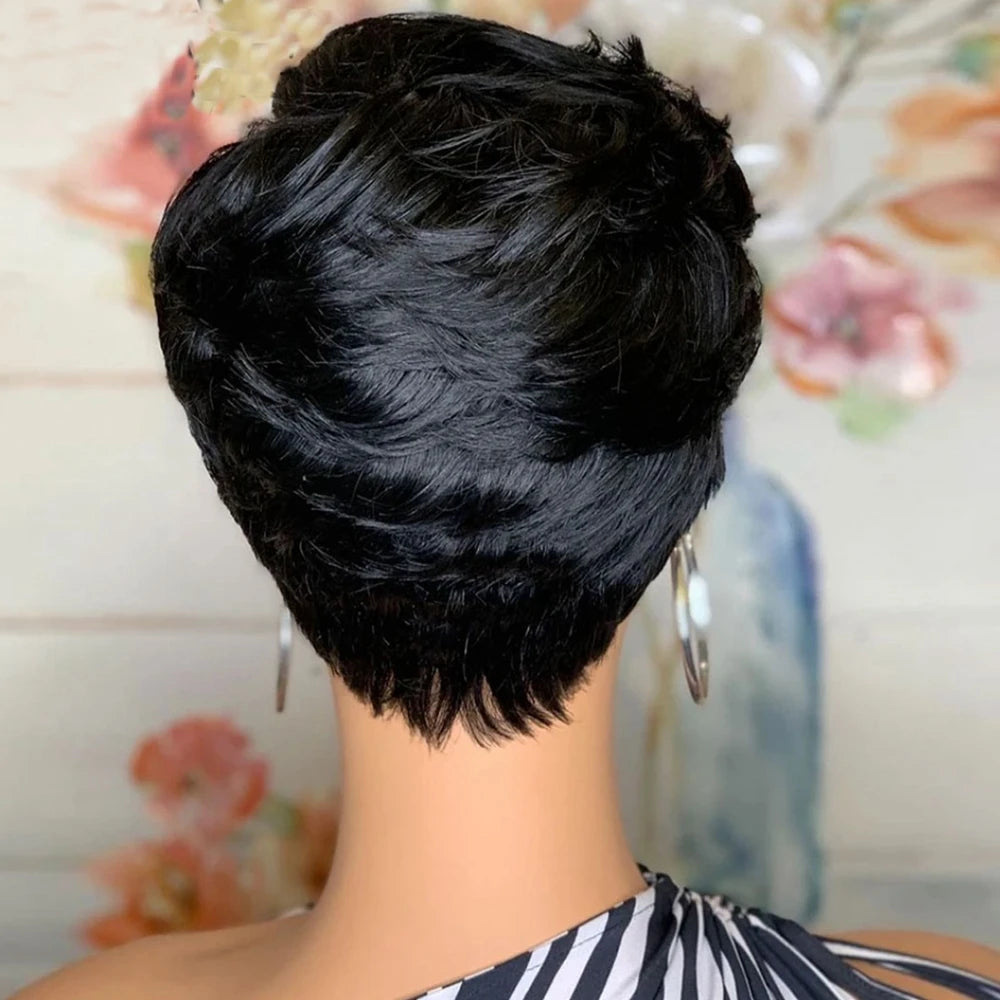 Silky Straight Short Pixie Bob Cut Wig with Bangs - 180% Density Full Machine-Made Glueless Human Hair Wig - 100% Brazilian Remy Natural Color Fringe Wig for Women (Short Length) Luxegan