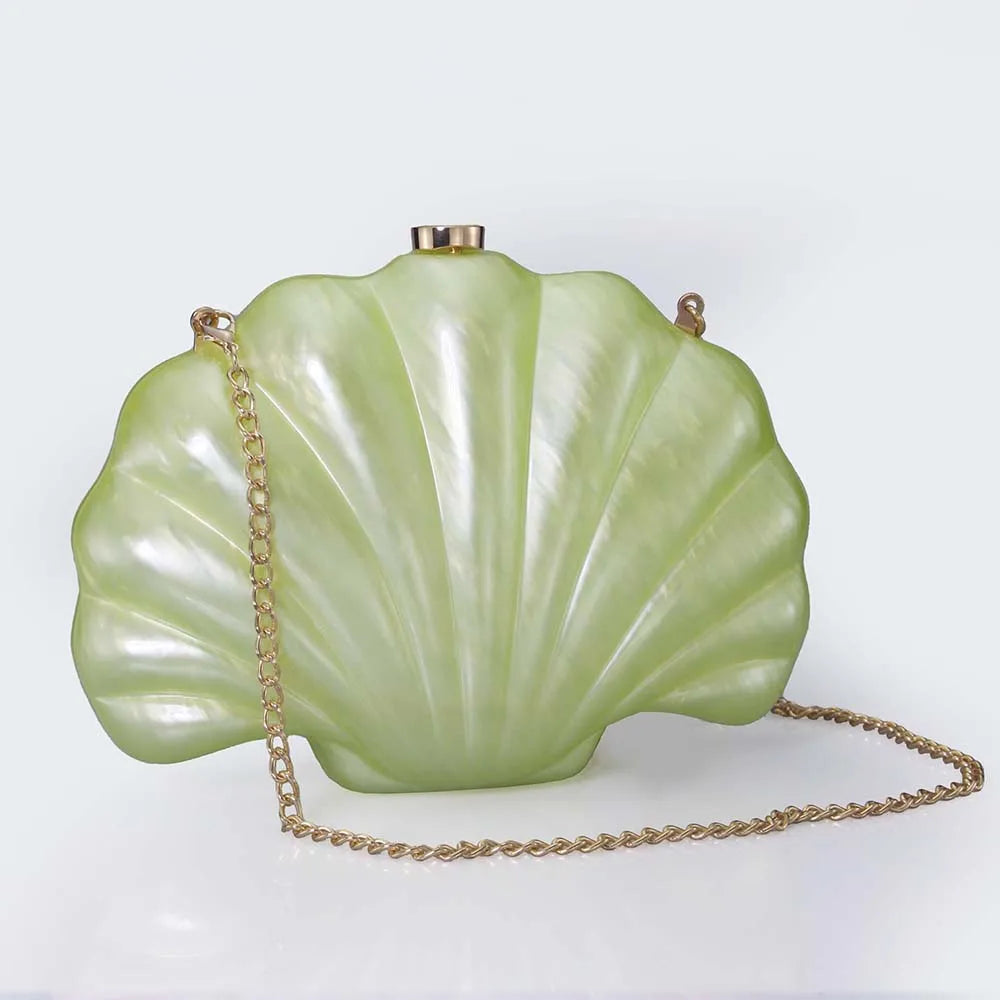 Hard Acrylic Shell Box Clutch | Luxury Stones & Chain Wedding Bridal Handbag Luxegan