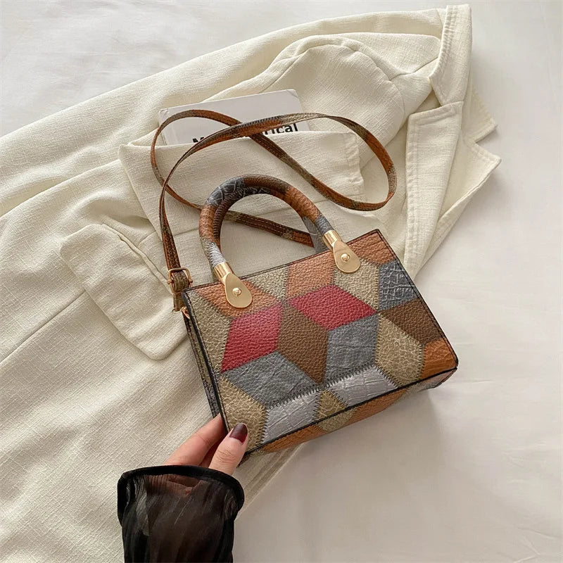 Fashion Patchwork PU Leather Top-Handle Bag | Trendy Square Design Ladies Handbag | Casual Daily Crossbody Shoulder Bag | Designer Applique Satchel for Women (Model E553) Luxegan