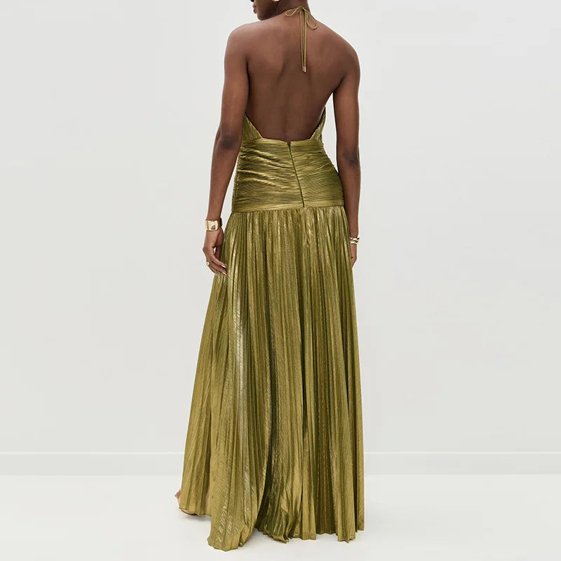 Off-the-Shoulder Halter Draped Slit Evening Gown | Corset-Style Party Dress Luxegan