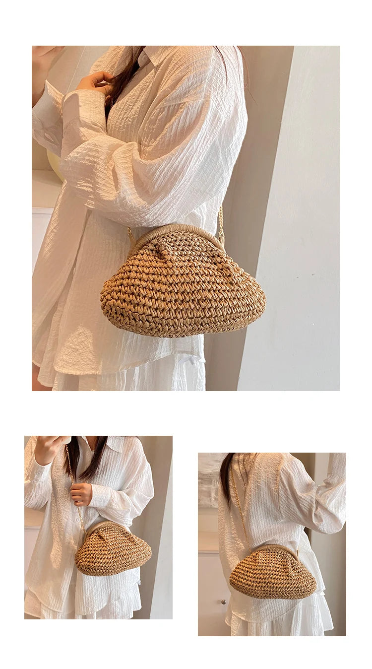 Soft Straw Shell Crossbody Bag | Casual Knitted Shoulder Bag with Excellent Texture Luxegan