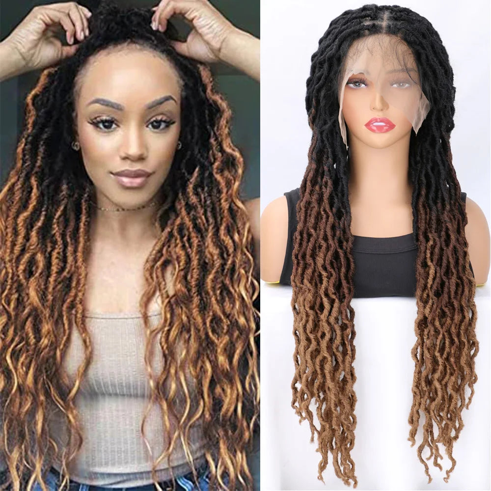 Ombre Faux Locs Braided Wig with Baby Hair & Curly Ends – Square Part Lace Front | 24 Inches Luxegan