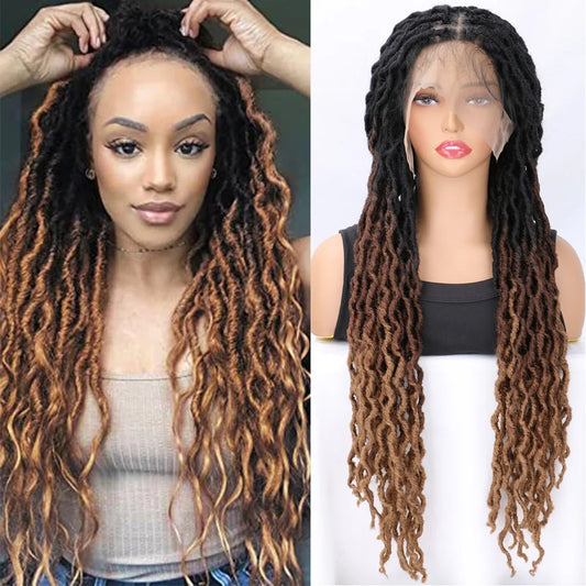 Ombre Faux Locs Braided Wig with Baby Hair & Curly Ends – Square Part Lace Front | 24 Inches Luxegan