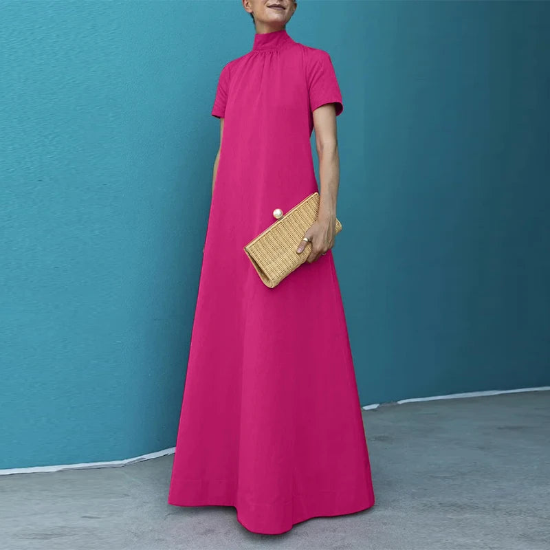 Turtleneck Short Sleeve Maxi Dress | Loose A-Line Elastic Waist Vintage Casual Dress Luxegan
