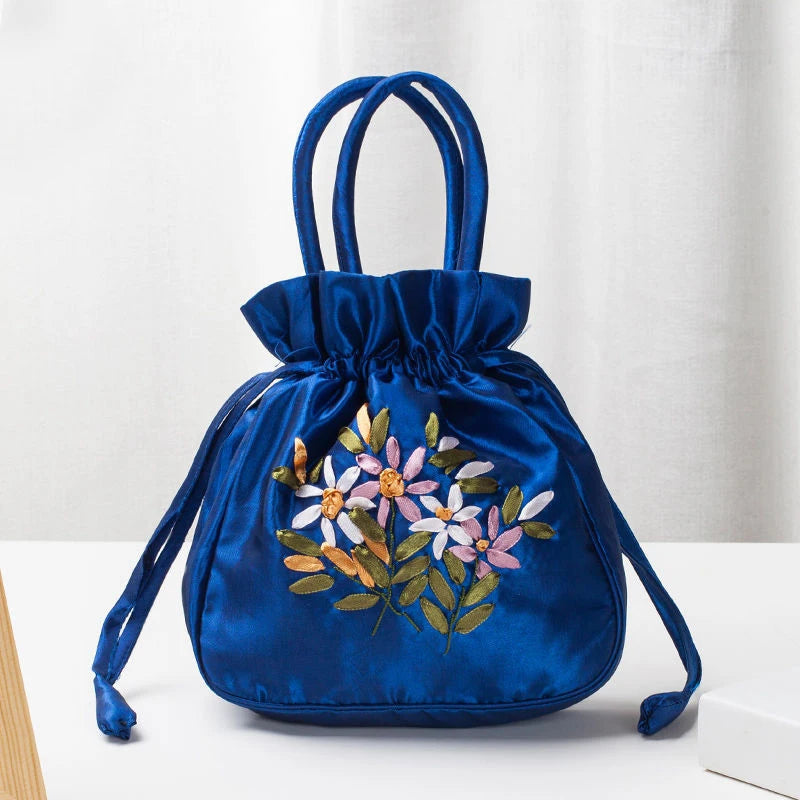 Bolsos Retro Bordados con Cordón Bolsas de Almacenamiento Carteras Monederos Tarjeteros Bolsos de Hombro Tipo Cubo Bolsos de Muñeca