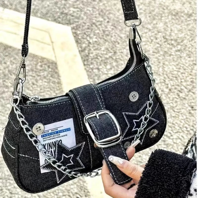 Y2K Fashion Women's Handbags Stars Pattern | Cool Girls Underarm Bag Vintage Canvas Female Small Shoulder Bags Chain Tote Purses Luxegan