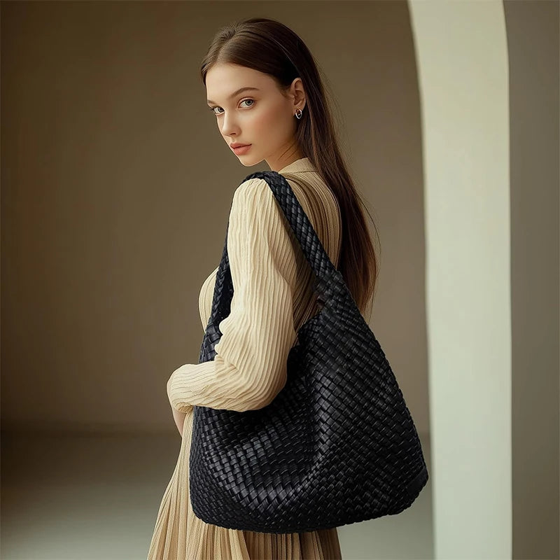 Large Woven PU Leather Shoulder Bag | Soft Summer Beach Shopper with Purse Luxegan