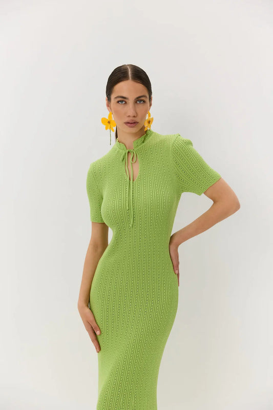 Knit Hollow Out Lace-Up Long Dress | Sophisticated Ribbed High-Waist Patchwork Gown | Elegant "Hollow Out" Silhouette | "Dignified" High-Stretch Knitwear for Radiant Versatile Spring & Summer Styling Luxegan